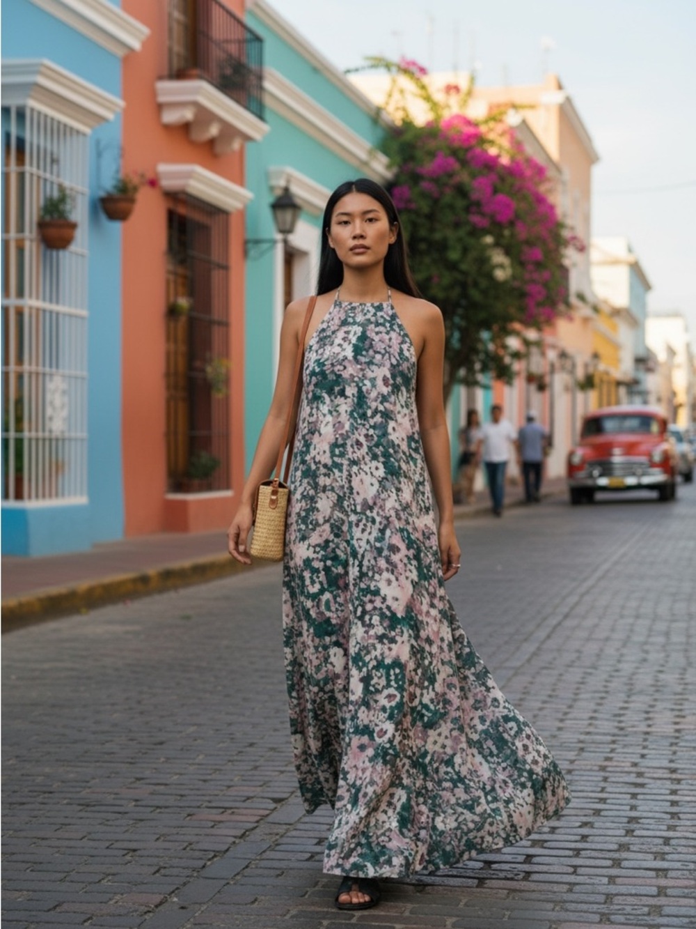 Lost + Wander Green and Pink Floral Halter Maxi Dress